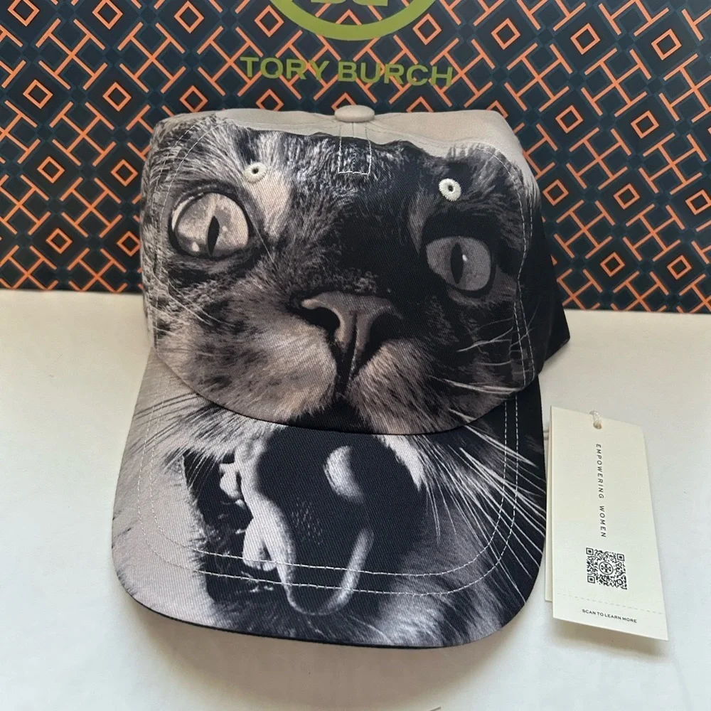 Tory Burch Cat Printed Baseball Cap Hat Small Cat Portrait Gray